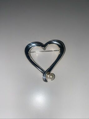 Silver Heart Brooch with Pearl Accent - Women's Jewelry